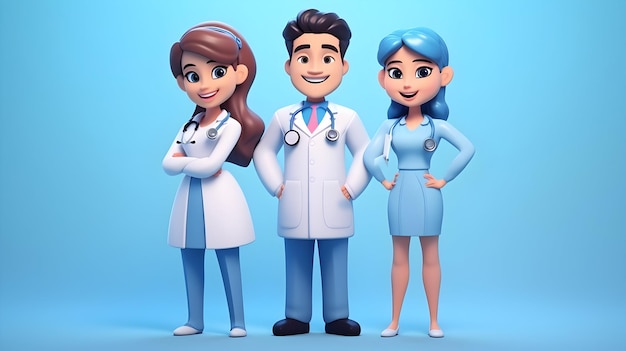 Photo cartoon character doctors international team of medical professionals isolated on blue background