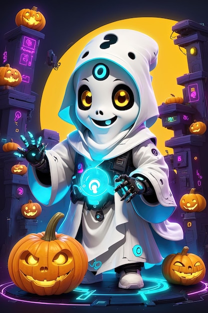 Photo a cartoon character dressed as a ghost with a pumpkin