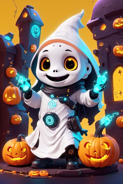 a cartoon character dressed as a ghost with a pumpkin