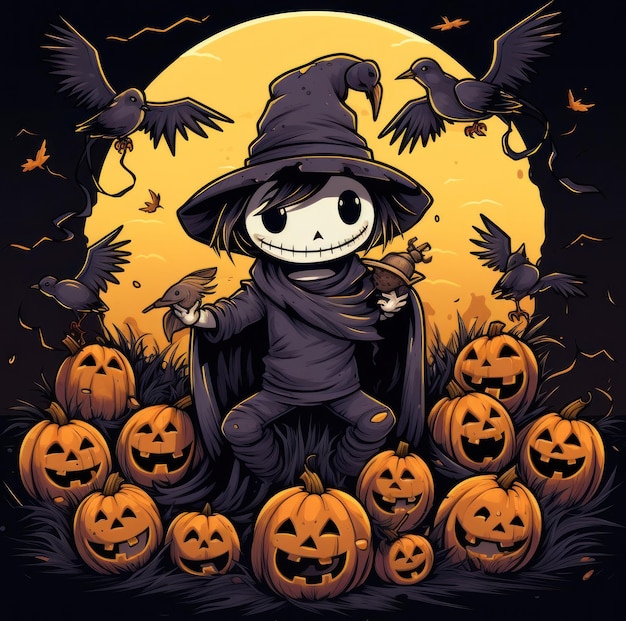 A cartoon character dressed in a witch costume surrounded by pumpkins generative ai image