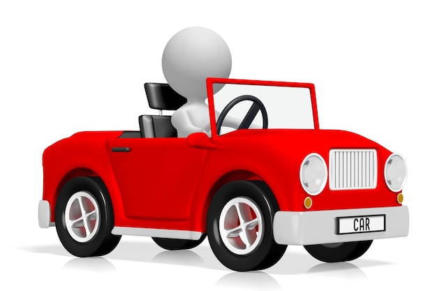 Photo cartoon character drives in red car 3d illustration