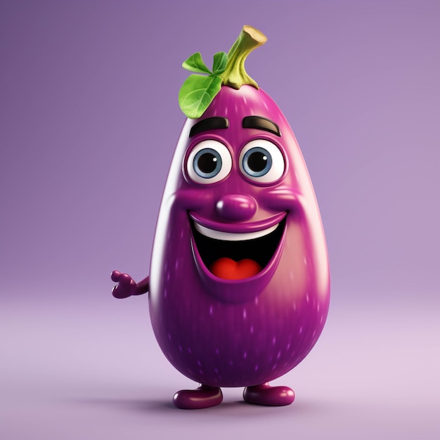 Cartoon character of eggplant with arms and legs on the field