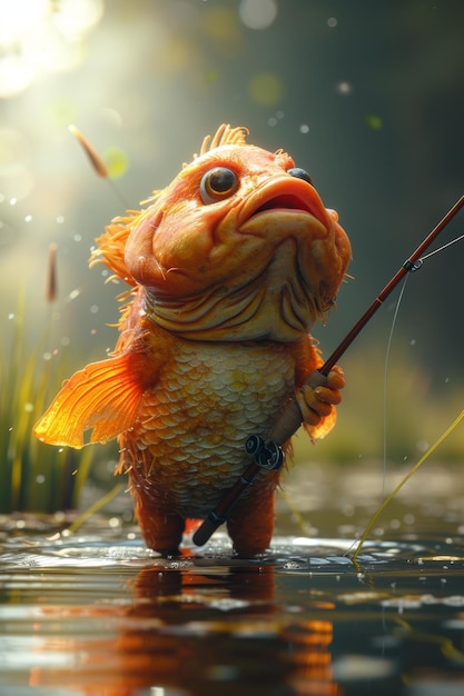 мультфильмный персонаж рыбы с рыболовной палочкой концепция рыбалки 3D иллюстрация