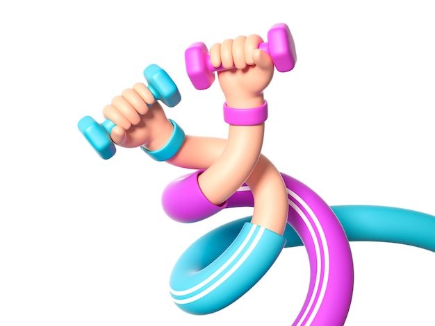 Cartoon character flexible boneless hands hold weights 3d render illustration