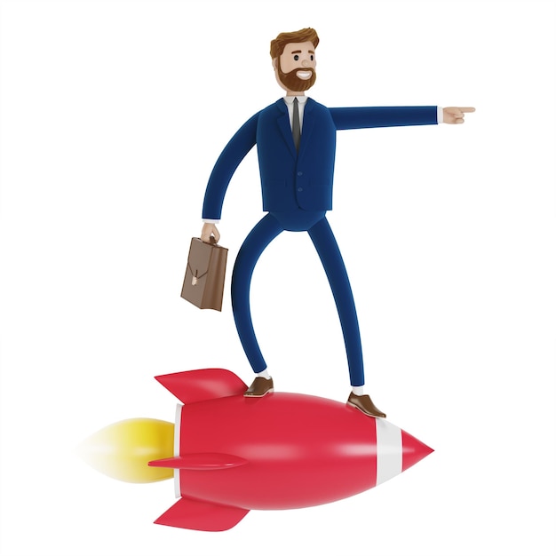 A cartoon character flies on a rocket New business launch 3D illustration