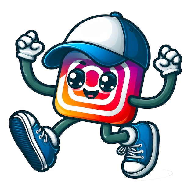 Foto personaggio di cartone animato sotto forma di logo del social network instagram con occhi, bocca, braccia e gambe