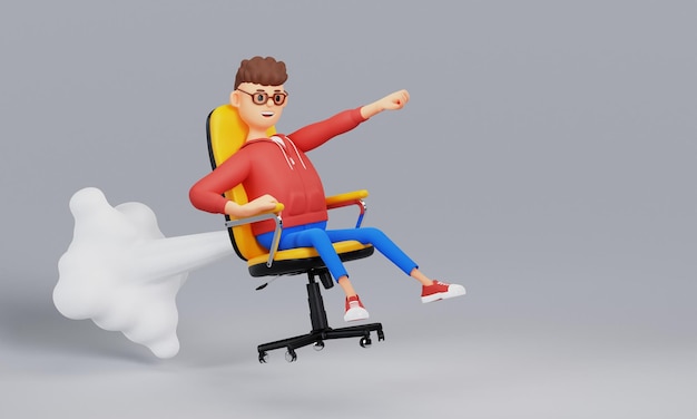 Photo cartoon character freelancer flies on a chair like a rocket innovation and startup concept 3d illustration