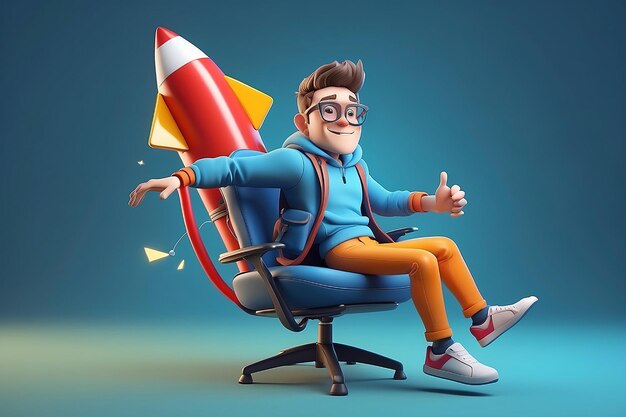 Cartoon character freelancer flies on a chair like a rocket innovation and startup concept 3d illustration