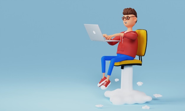 Photo cartoon character freelancer with a laptop in his hands flies on a chair like a rocket innovation and startup concept 3d illustration