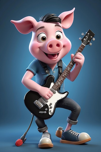 Cartoon Character Fun 3D Cartoon Illustration of a Pig Rocker