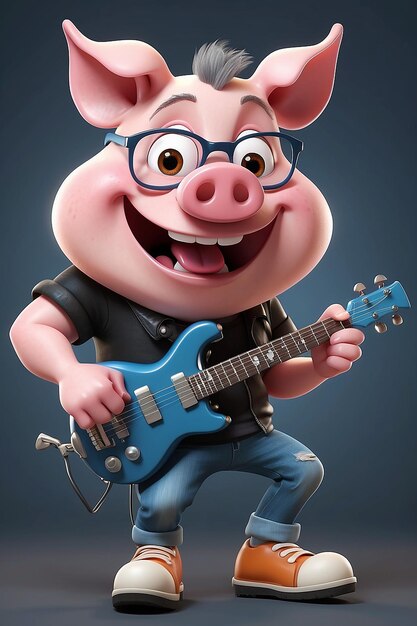 Cartoon Character Fun 3D Cartoon Illustration of a Pig Rocker