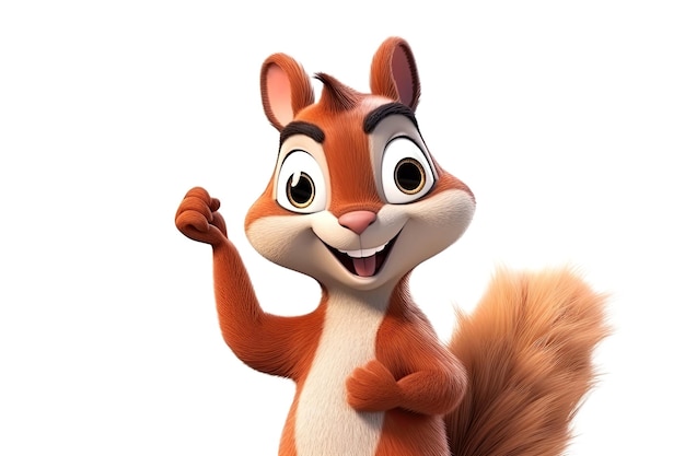 Cartoon character funny squirrel pointing fingers at copy space on white isolated background Generative AI illustration