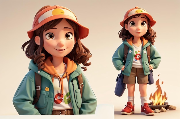 Cartoon character of a girl in camping outfits