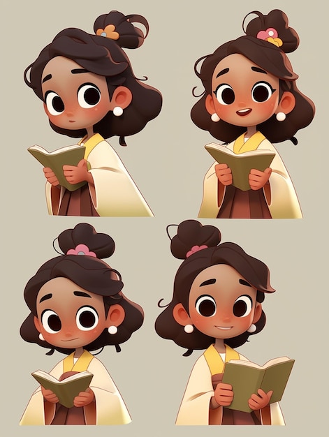 Cartoon character of a girl reading a book with different expressions generative ai