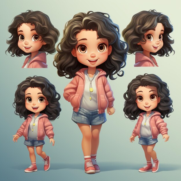 Photo cartoon character of a girl with different poses and hair generative ai