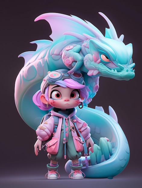 Cartoon character of a girl with a dragon head and a backpack generative ai