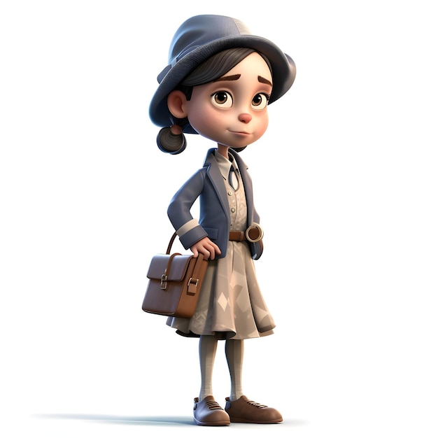 Cartoon character of a girl with hat and carrying a briefcase