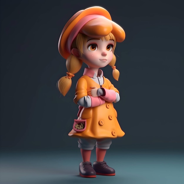 帽子とコートを着た女の子のアニメキャラクター 3D レンダリング