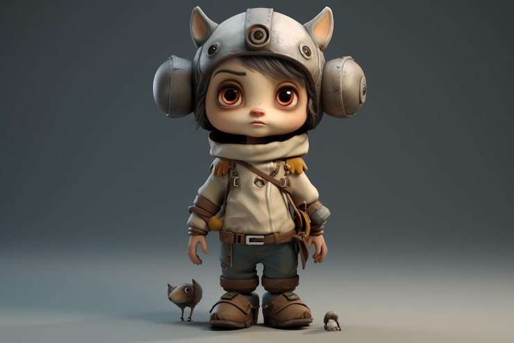 Photo cartoon character of a girl with a helmet and a bird generative ai