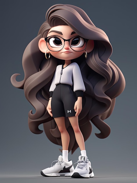 A cartoon character of a girl with long hair and glasses.