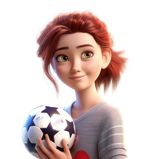 A cartoon character girl with a soccer ball