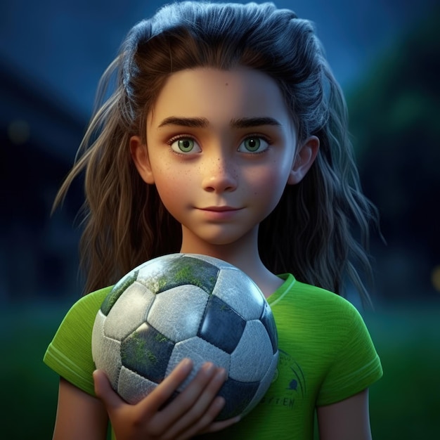 A cartoon character girl with a soccer ball