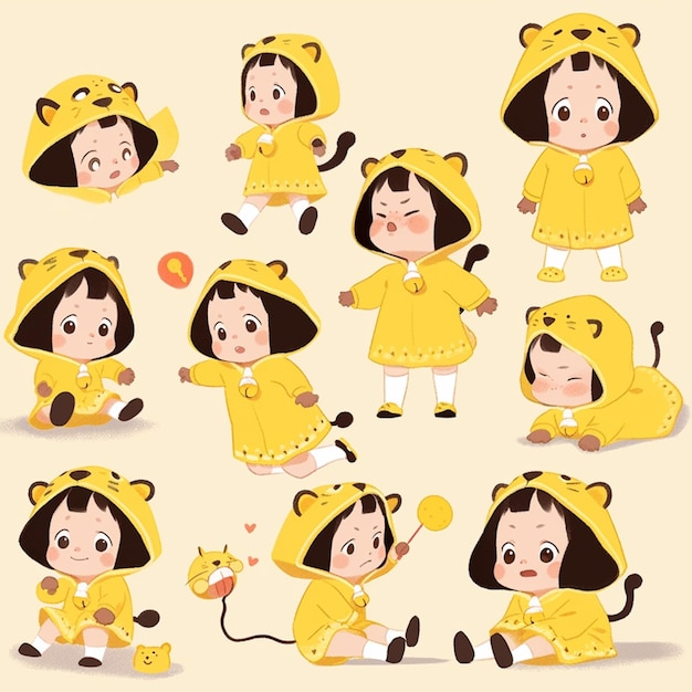 Cartoon character of a girl in a yellow outfit with various poses ai generative