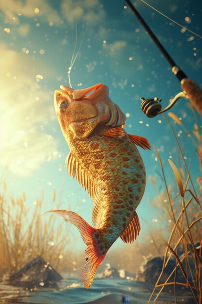 Персонаж мультфильма "Золотой окунь" Концепция рыбалки 3D-иллюстрация