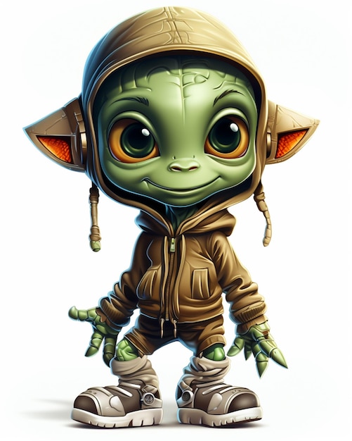 Cartoon character of a green alien with a hoodie and shoes generative ai