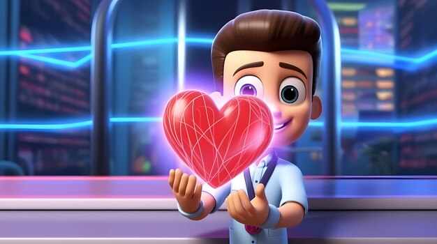 Foto personaggio di cartone animato mano che tiene il cuore e battito cardiaco onda illustrazione 3d