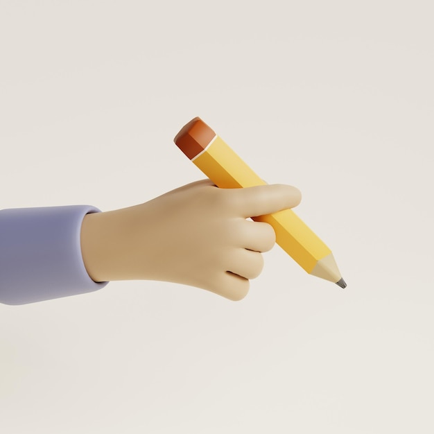 Cartoon character hand holding yellow pencil 3d render illustration