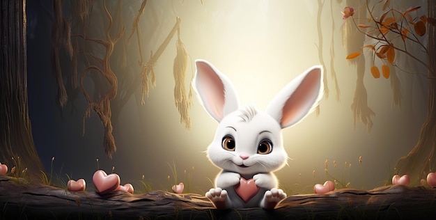 персонаж мультфильма счастливый маленький кролик кролик зайчик с сердцем в лапах в лесу праздничная поздравительная карточка