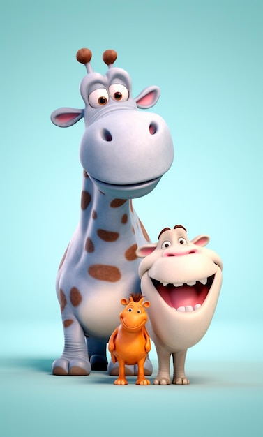 Foto personaggio dei cartoni animati un ippopotamo e una giraffa 3d