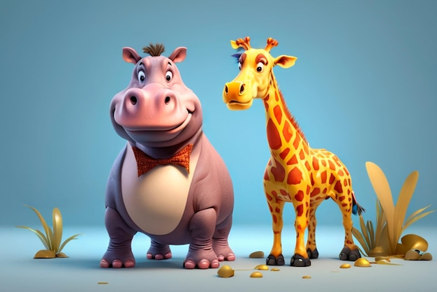 Foto personaggio dei cartoni animati un ippopotamo e una giraffa 3d