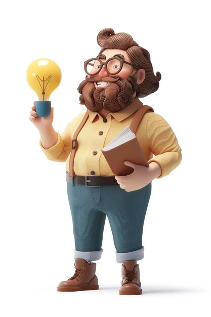 Photo cartoon character holding book and light bulb