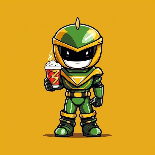 A cartoon character holding a drink and a soda