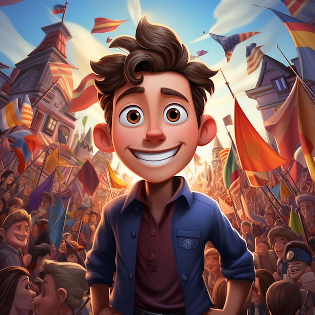 A cartoon character holding a flag with other flags in the background