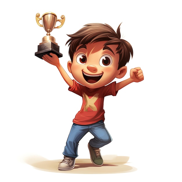 cartoon character holding a golden winning trophy in cartoon style