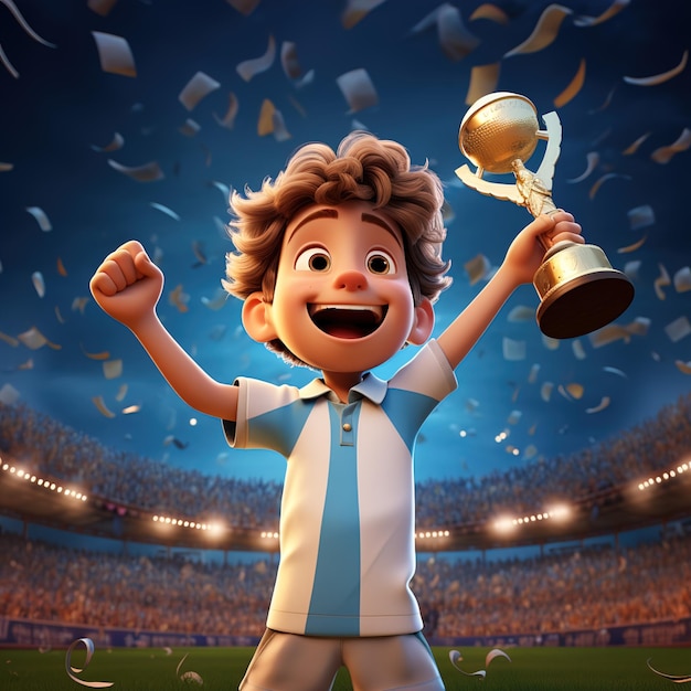 cartoon character holding a golden winning trophy in cartoon style