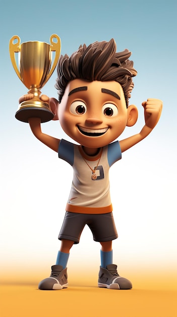 Photo cartoon character holding a golden winning trophy in cartoon style