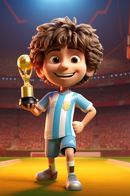 cartoon character holding a golden winning trophy in cartoon style