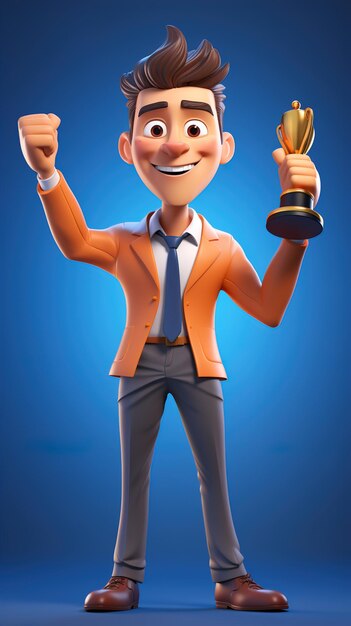 Cartoon character holding a golden winning trophy in cartoon style