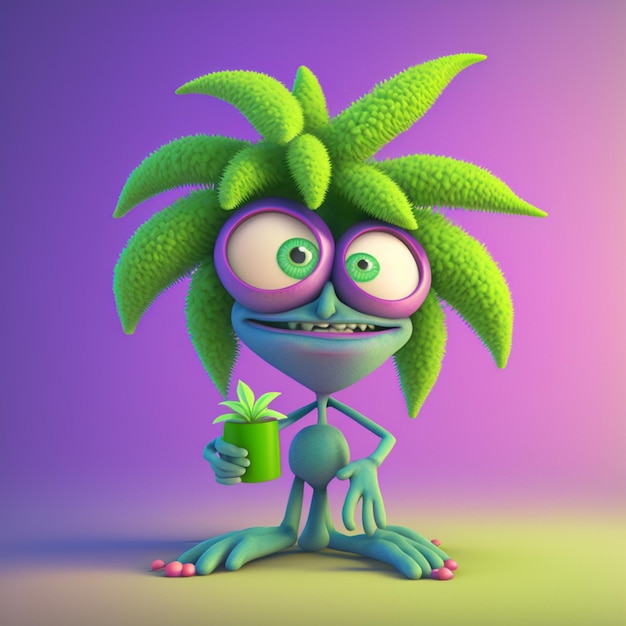 A cartoon character holding a green tree with a drink in his hand.