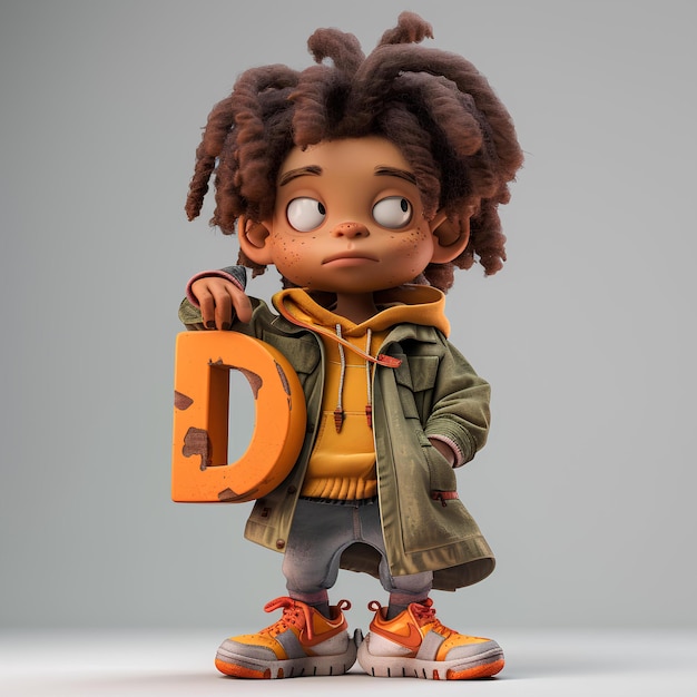 A cartoon character holding a letter d in his hands and a sad look on his face