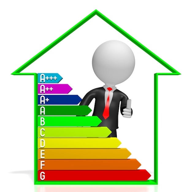 Illustrazione 3d del grafico 3d della forma della casa dei personaggi dei cartoni animati e del grafico dell'efficienza del consumo energetico