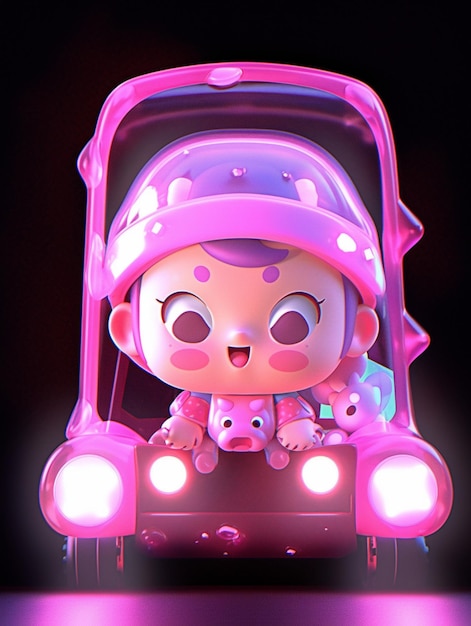 写真 ピンクのヘルメットとテディベアを着た車に乗った漫画のキャラクター
