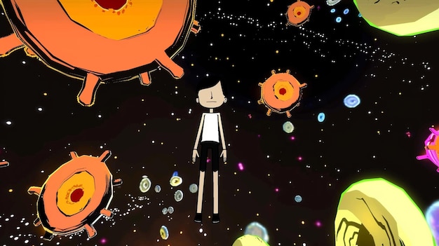 Фото Персонаж мультфильма в космосе, окруженный планетами и звездами