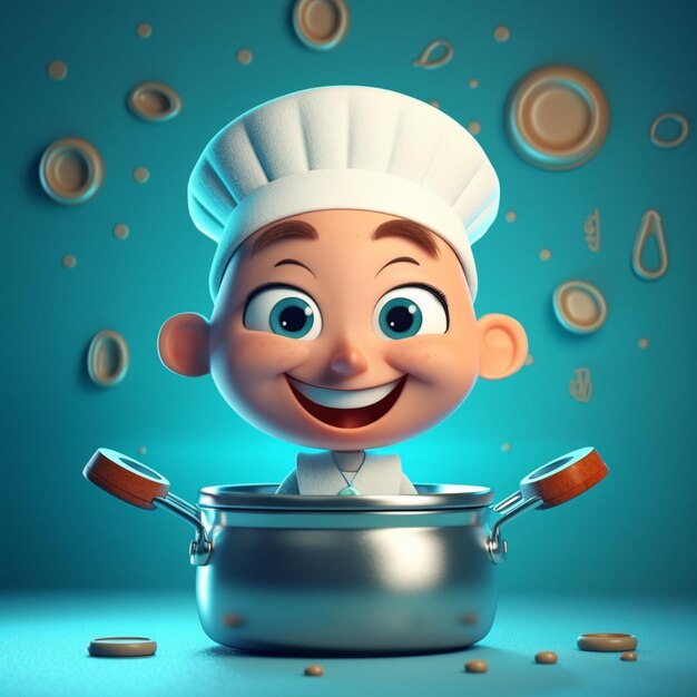 A cartoon character is cooking in a pot with a blue background and the words " pasta " on the top.