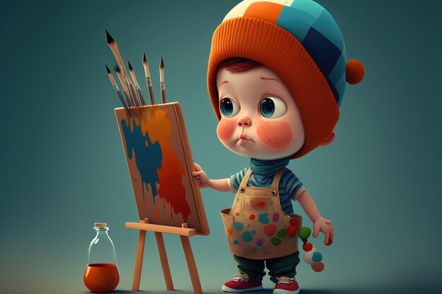 A cartoon character is holding a paint brush and a paintbrush.