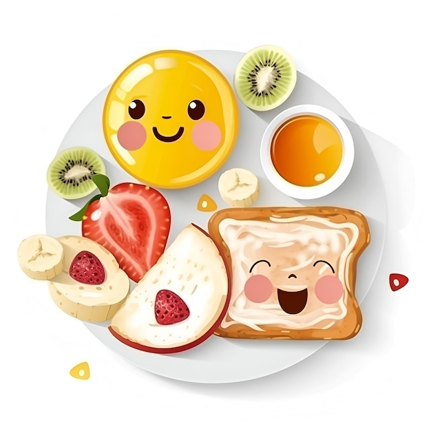 A cartoon character is on a plate with fruit and a piece of fruit.